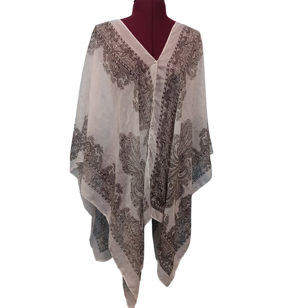 2CHIC White Black Paisley Sheer Poncho Wrap Pearl Button Cover Up NEW